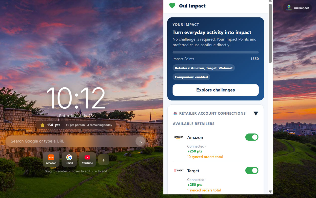 Oui Impact extension popup showing points and impact